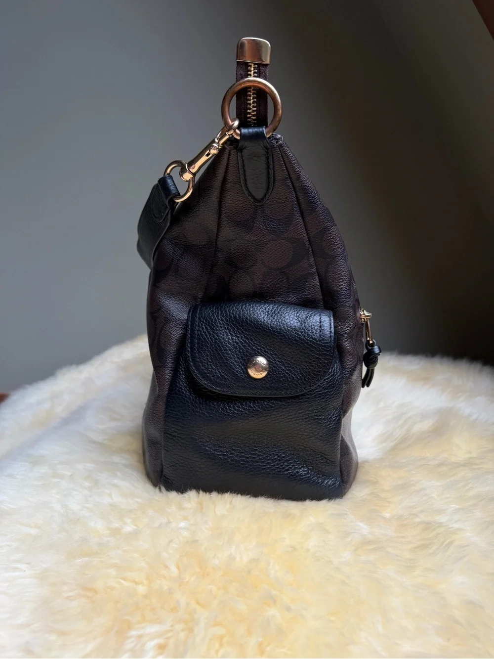 Coach Pennie Brown Signature Leather Hobo Shoulder Bag Gold Hardware Black Trim